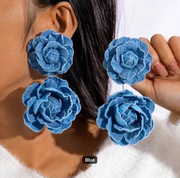 New Blue Rose Flower Drop Earrings