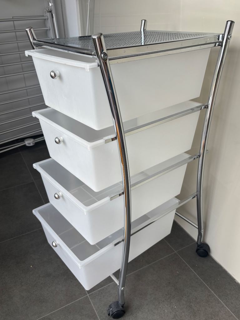 4-Drawer Storage Trolley on Wheels - White & Chrome