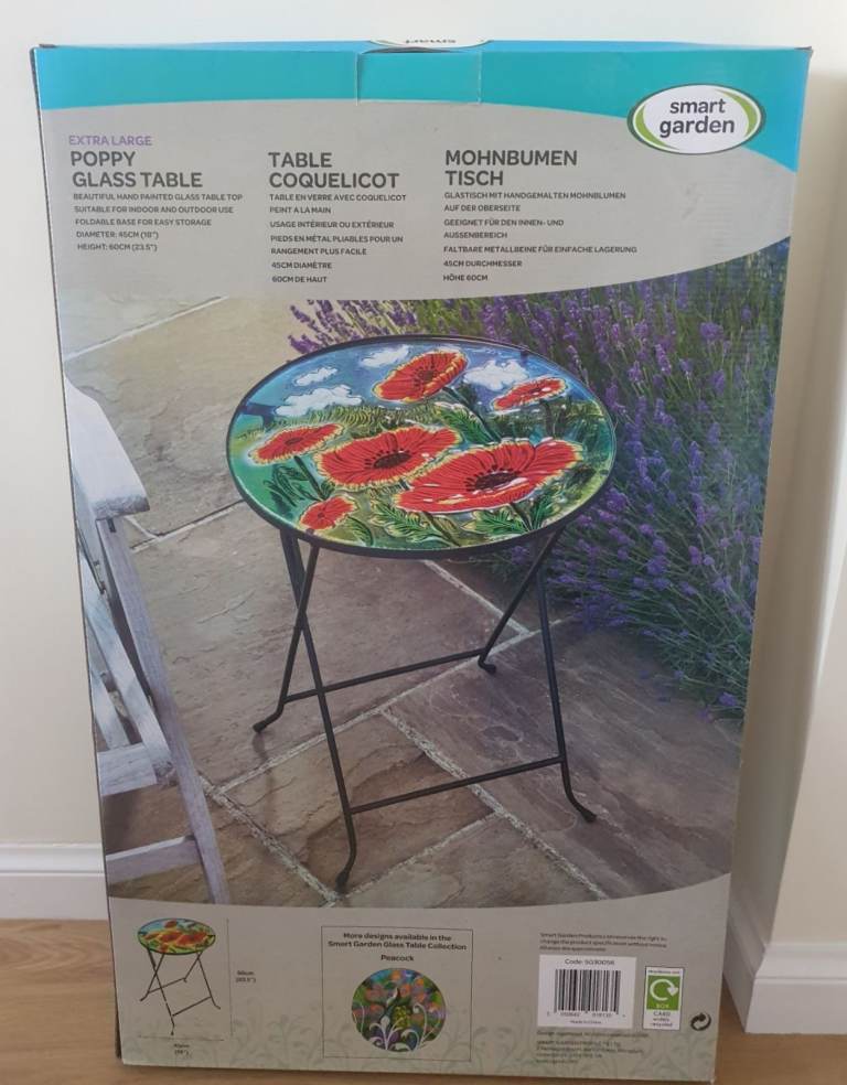 Red Poppy Glass Table, folding base, NEW, unused