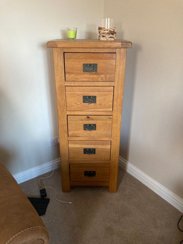 Oak veneer tall boy- solid oak drawers