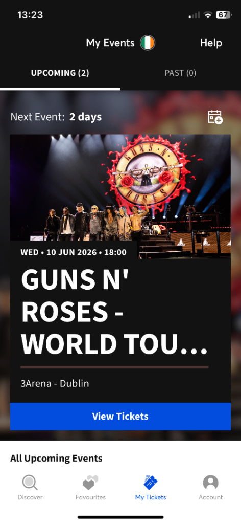 2 tickets for guns n roses,3 arena Dublin,