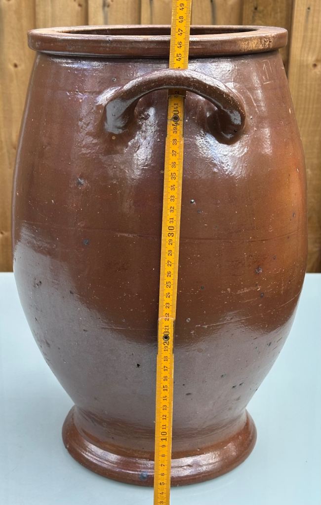 LARGE ANTIQUE FRENCH STONEWARE PLANTER URN, CONFIT JAR POT, SALTING JAR - H47cm 7.8kg - WILL POST!