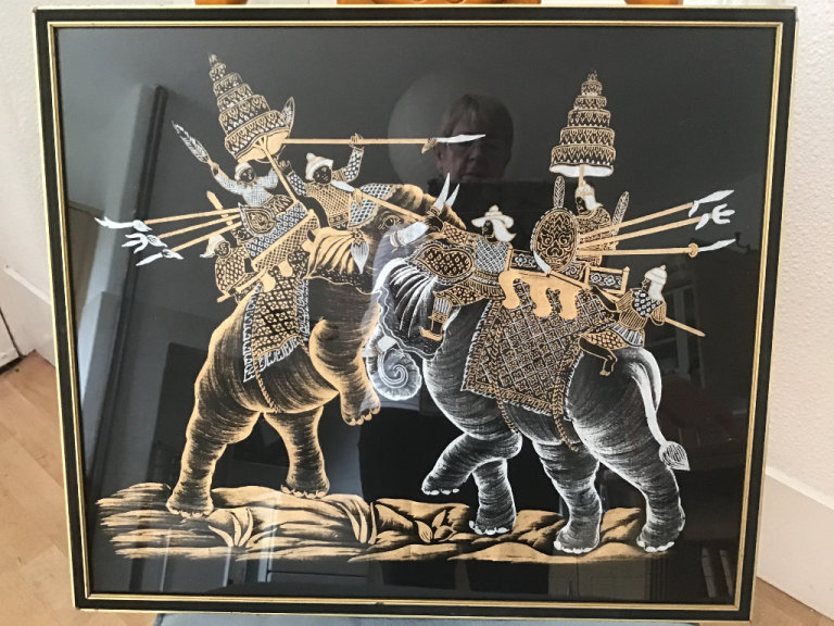 Thai/asian vintage 1960s painted silk screen print. War Elephants