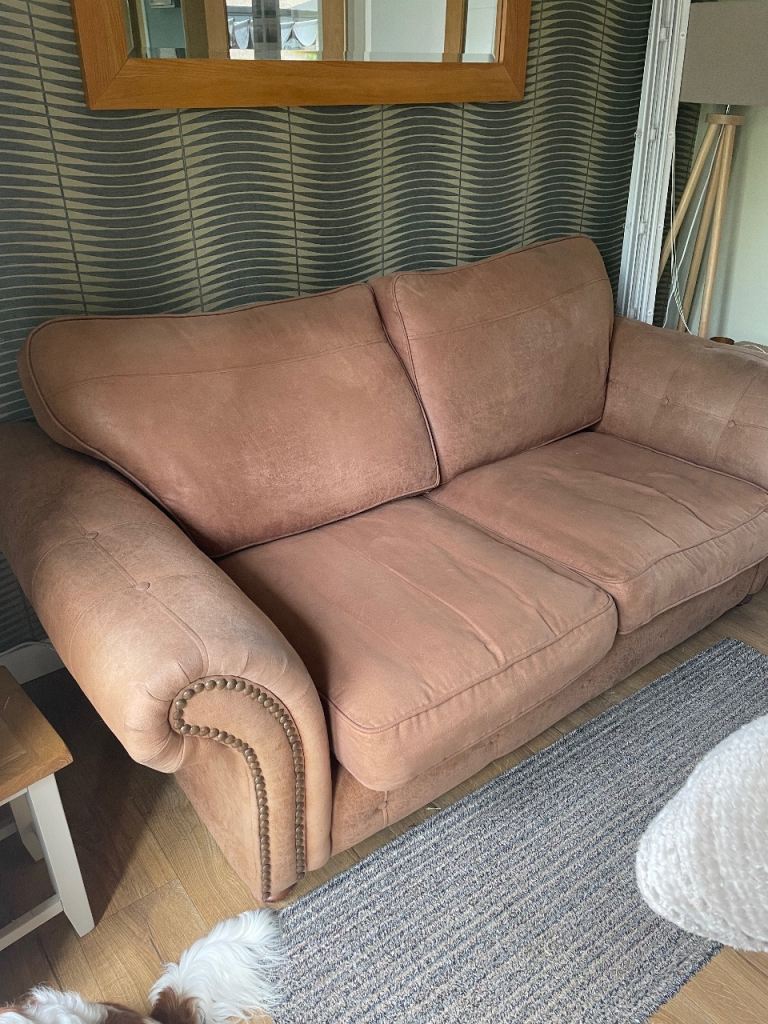Two seater sofa, tan faux suede, ex DFS (collection Sauchen)