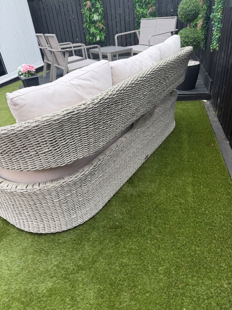 Grey Rattan Garden Sofa with Cushions – Good Condition