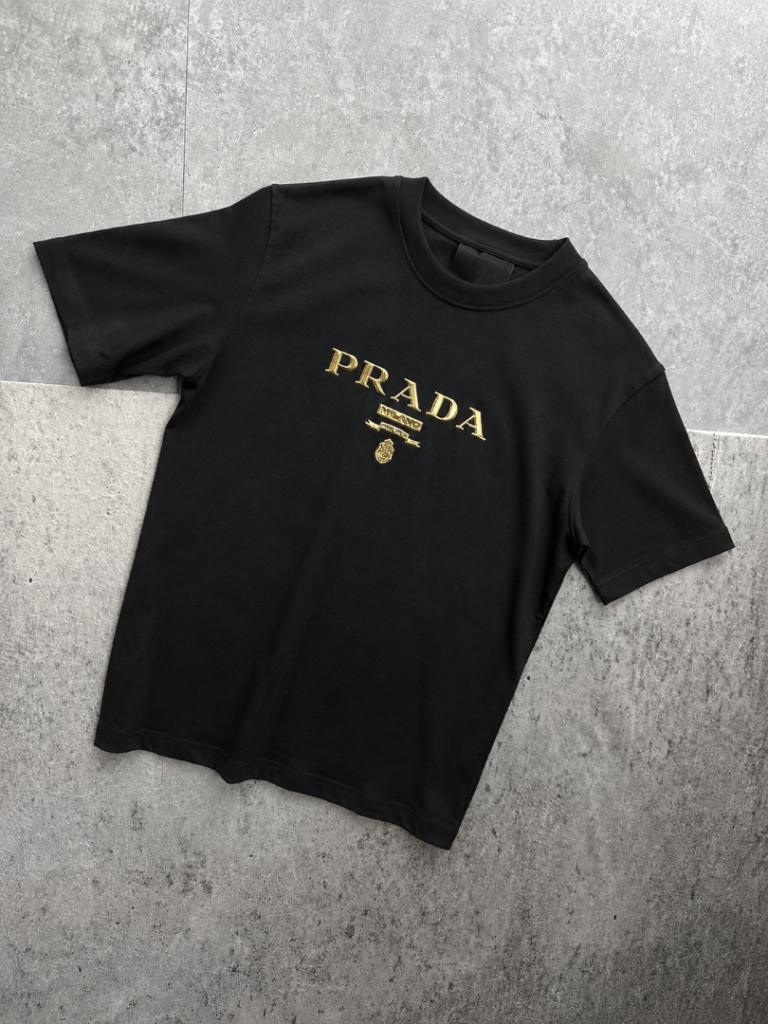 Prada Milano Black T-Shirt with Gold Embroidery – Brand New