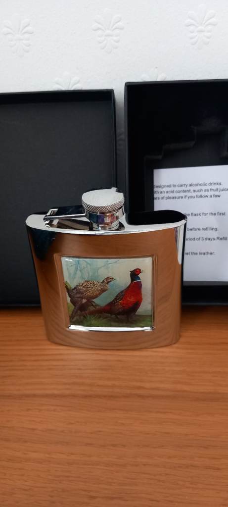 New Hip Flask with Pheasant Design – In Box