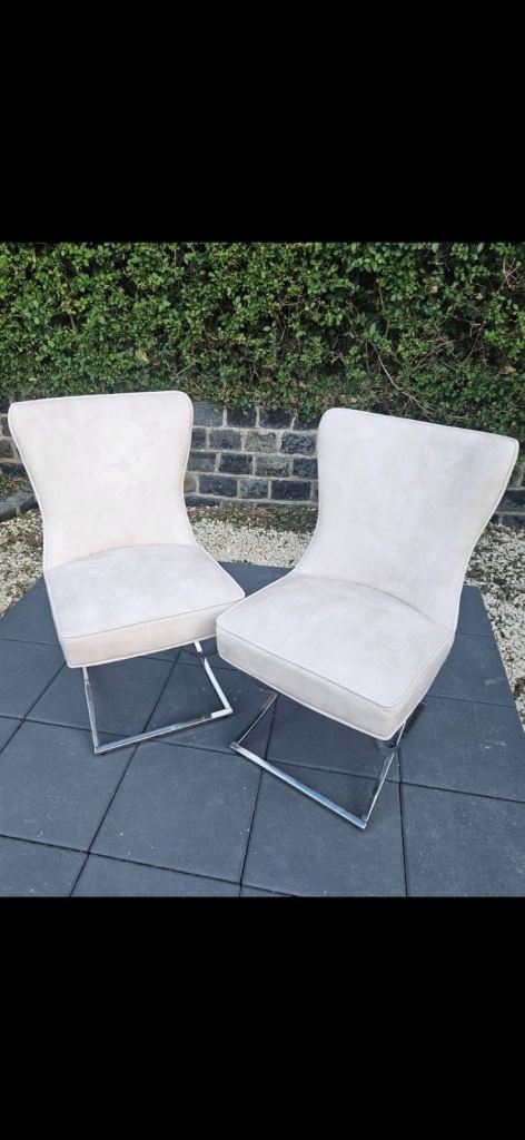 Pair of Beige Fabric Dining Chairs with Chrome Base