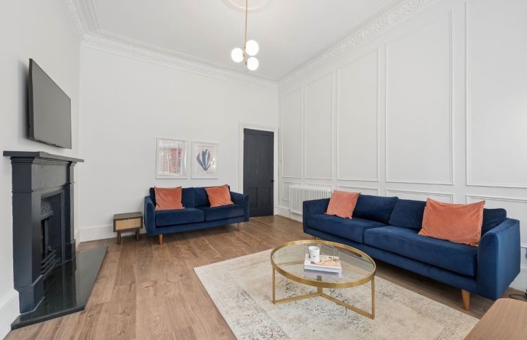 3 seater and 2 seater blue velvet sofas, John Lewis/Swoon