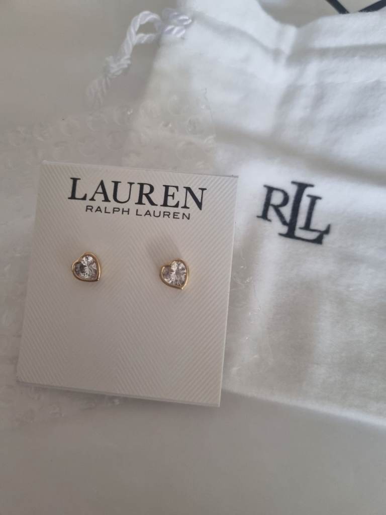 New Lauren Ralph Lauren Gold Heart Stud Earrings with Clear Stones