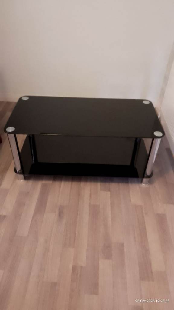 BLACK GLASS COFFEE TABLE or TV STAND WITH SHELF – Good Condition