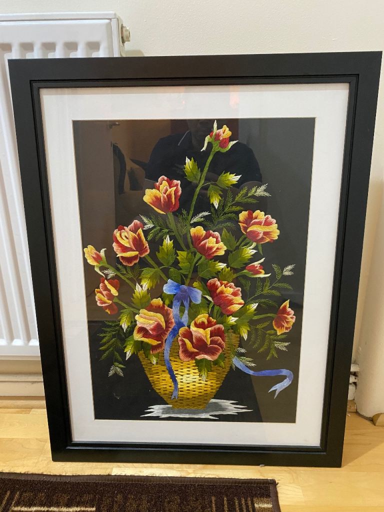Beautiful hand embroidered framed picture of a basket of roses