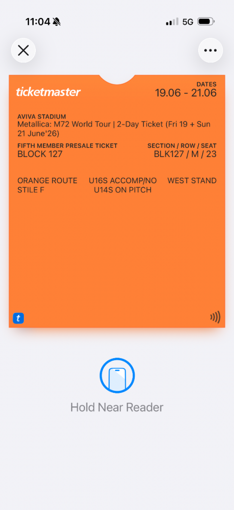 Metallica 2 day ticket Dublin Aviva stadium 