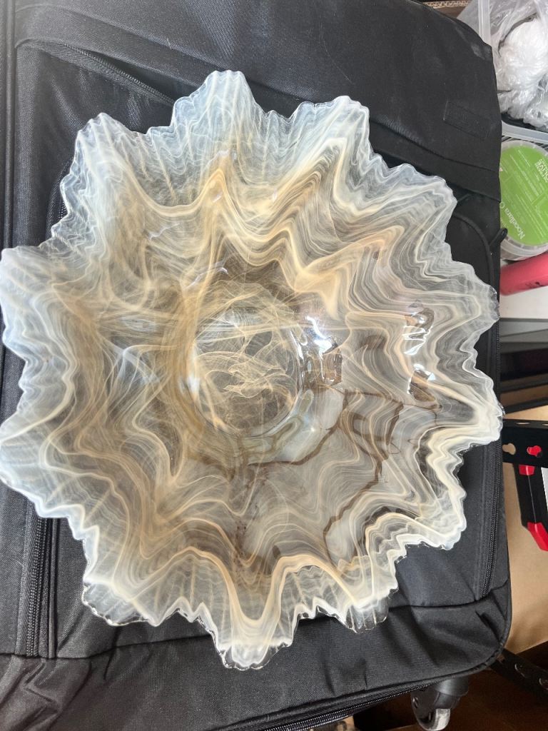 Decorative Glass Bowl - White and Brown Swirl Pattern