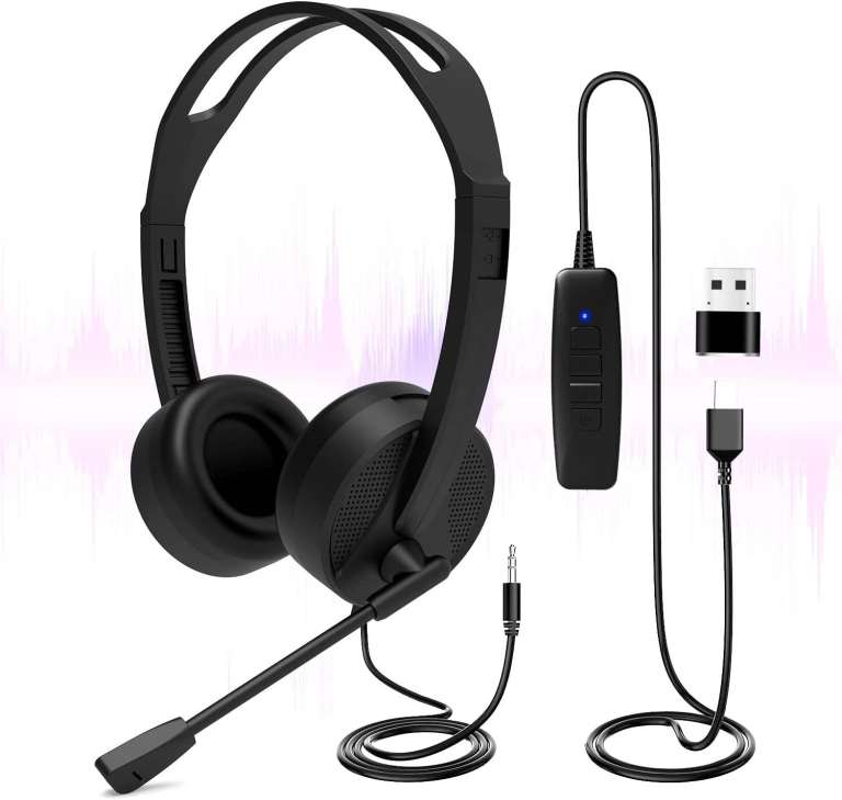 USB Headset with Microphone, 3.5mm/USB Jack 2-In-1 Computer Headset Noise Cancelling Audio Controls