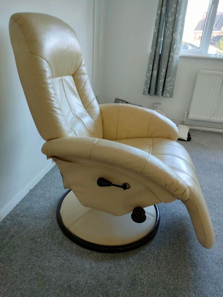 Cream Leather Swivel Recliner Chair — Manual Recline — Sold As Seen