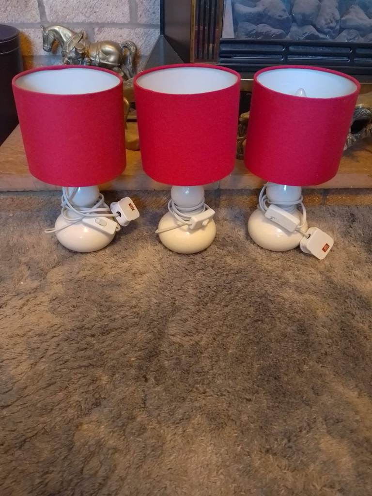 Three Matching Small Table Lamps with Red Shades