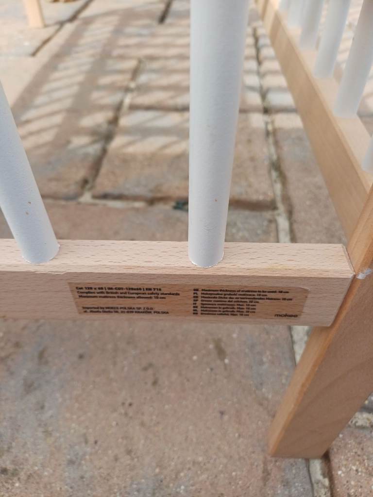 Wooden Baby Cot with White Bars – Good Condition