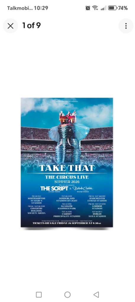 2 x Take That Circus Tour tickets Friday 12th June Hampden Glasgow 