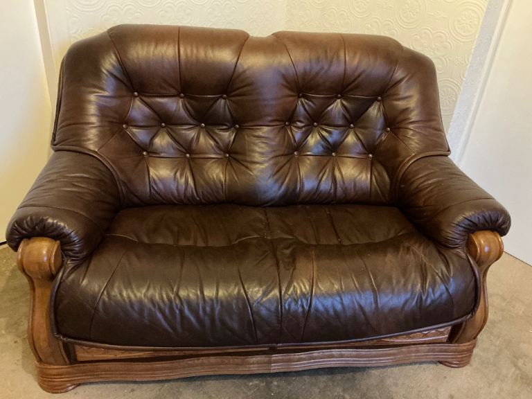 Large 2 seater settee, brown leather seat, solid wood frame, good condition