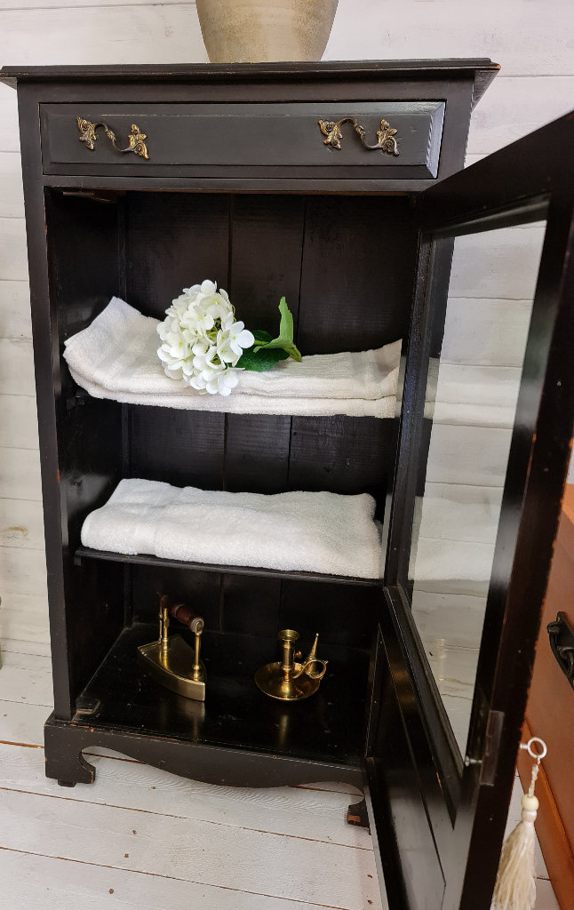 Antique Cupboard Glazed Front, Drawer, Shelves & Working Lock