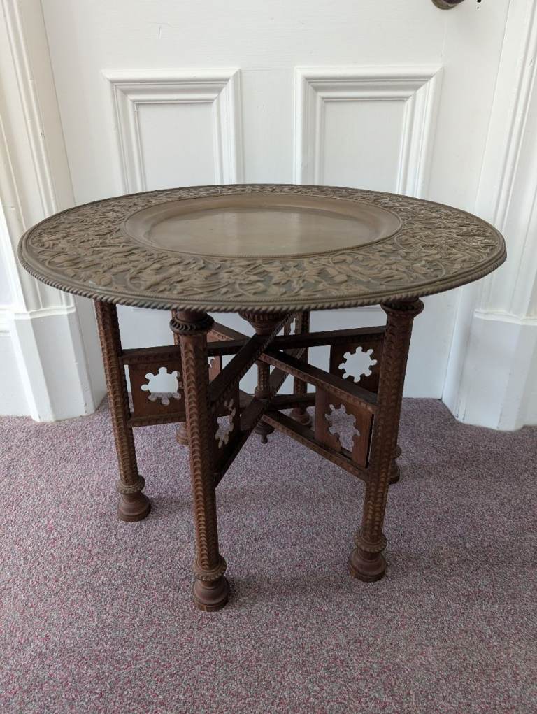 Rare Antique Decorative Tray Table with wooden carved folding base for Sale