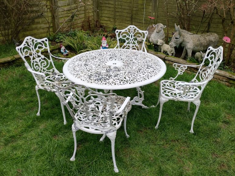Vintage Cast Aluminium Garden Table and Four Arm Chairs