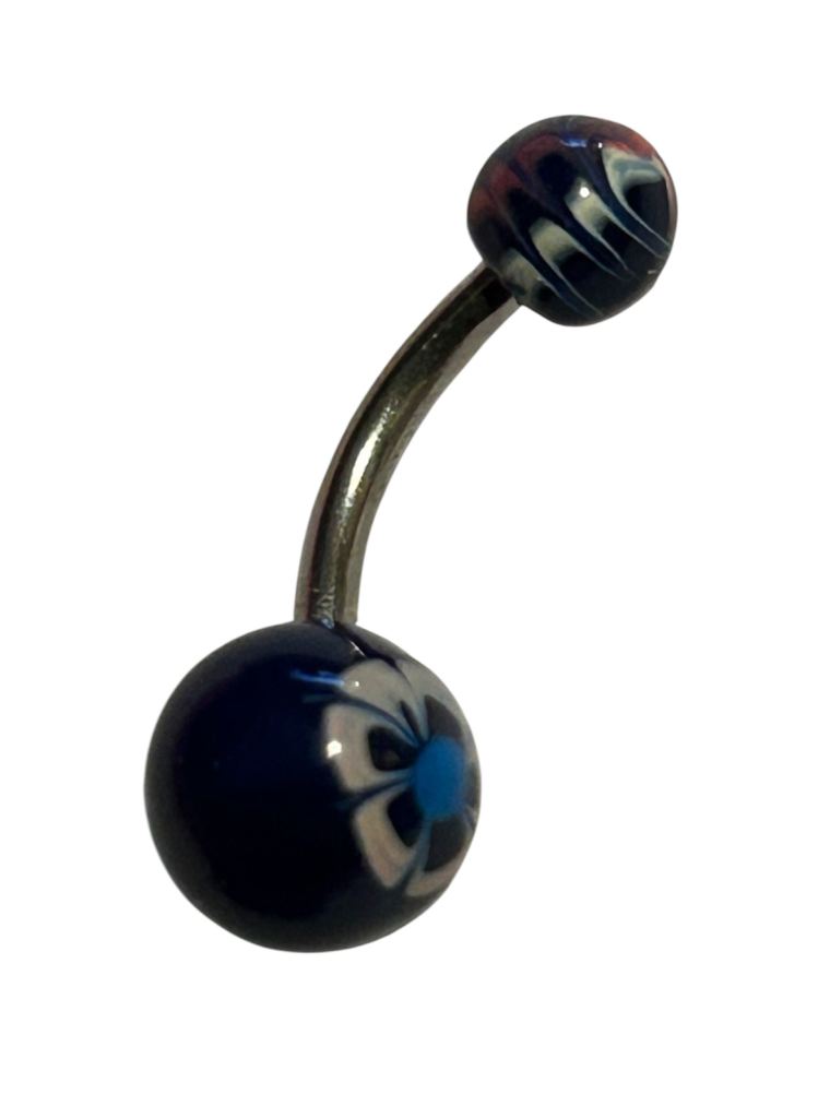 Blue & Pink Flowers Surgical Steel Belly Bar Curved Body Piercing