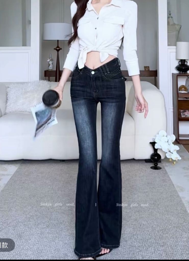 New Dark Blue Denim Flared Jeans for Women