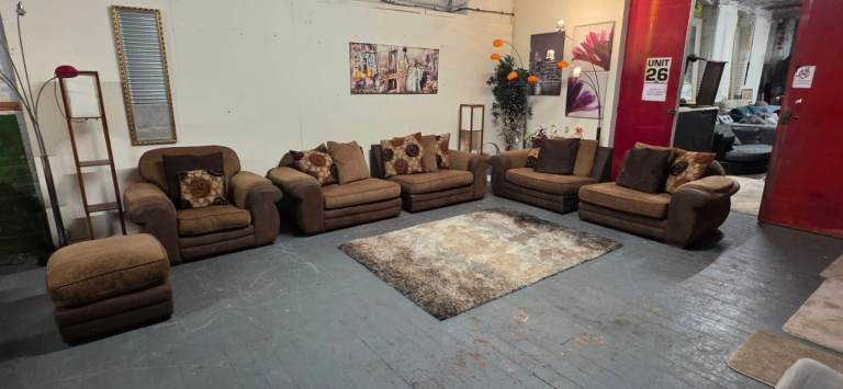 4 + 4 Seater Split Sofas + Armchair + Footrest Brown Suede Fabric Good Condition
