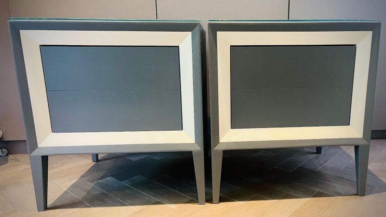REDUCED Pair of Commissioned Designer Grey Bedside Tables with Glass Tops