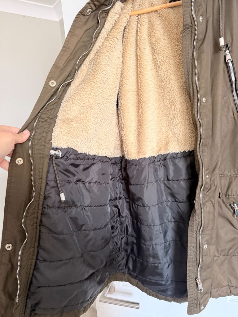 F&F - Olive Green Parka Coat with Faux Fur Hood - Size UK 22