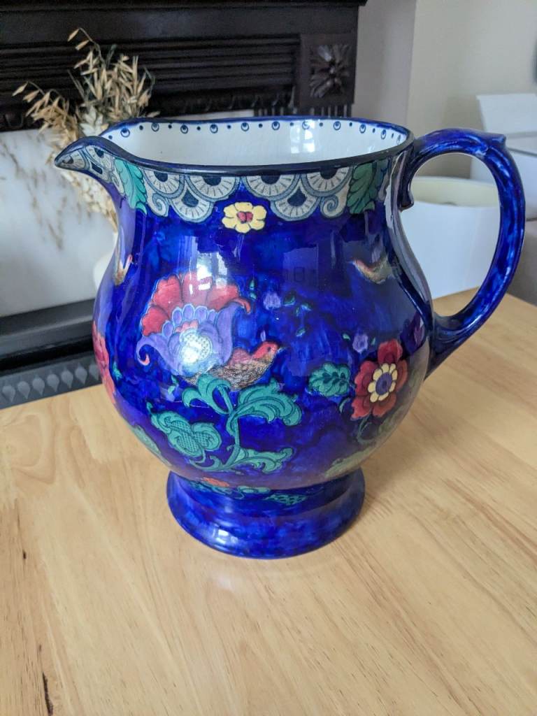 Beautiful Vintage Blue Maling Ceramic Jug with Floral Design