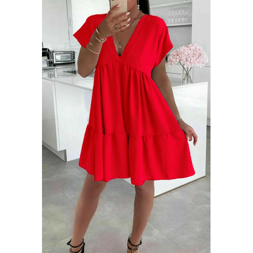 New Red V-Neck Summer Dress with Frill Detail