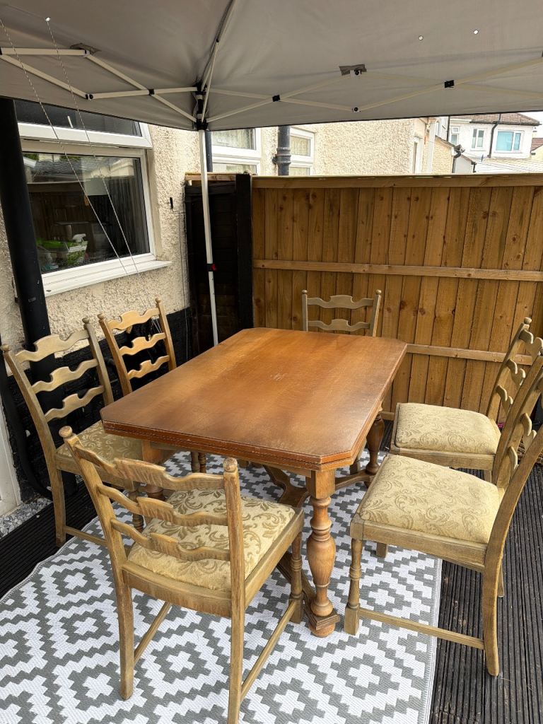 Vintage Dining Table & 6 Chairs — Solid Wood, Character Piece