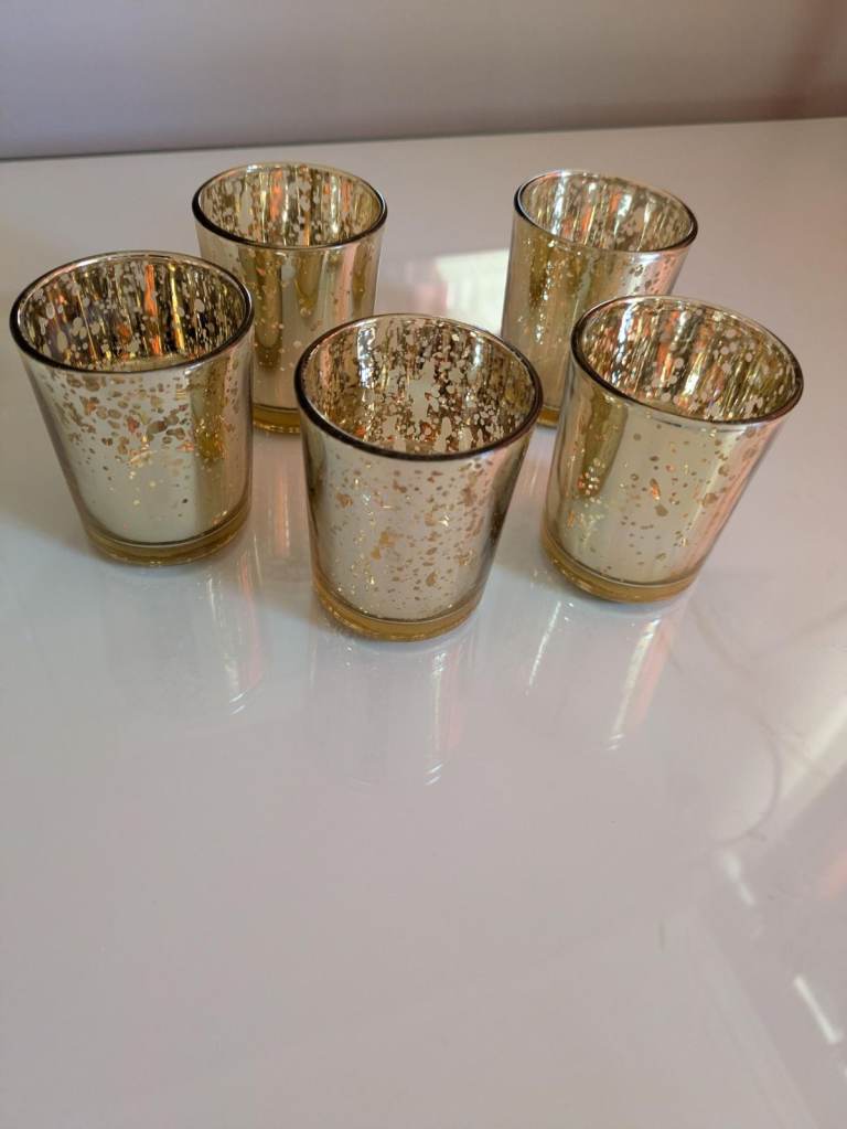 40 Decorative Gold Glass candle holders and 5 x Decorative Cherry Trees for weddings,parties etc.