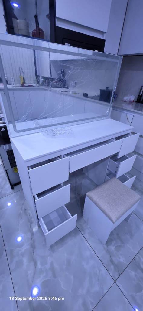 White Dressing Table with LED Mirror & Stool