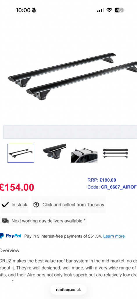 Cruz Airo Fix Roof Bars + Foot Pack - Brand New