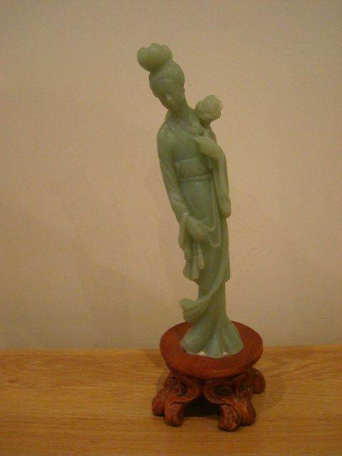 Chinese Carved Bowenite Green Jade Lady Holding Flower Height 22cm