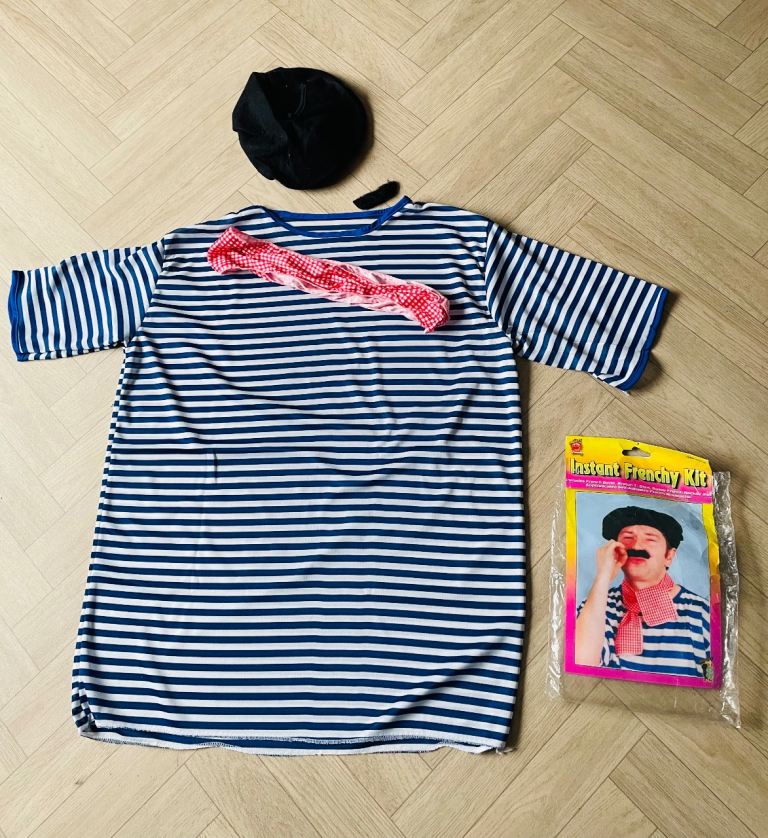 French man fancy dress, French beret, Breton t-shirt, necktie and moustache. Smiffy’s. One size 
