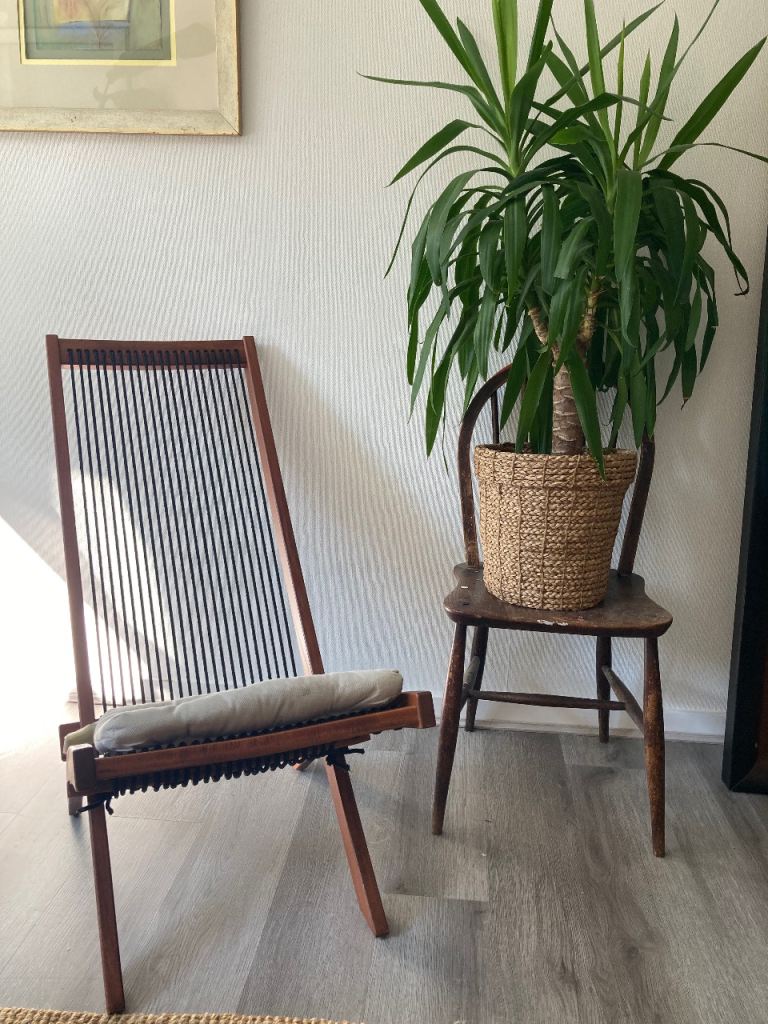 SOLD - 2 Wooden Slingback Outdoor Chairs with cushions - GOOD Condition 