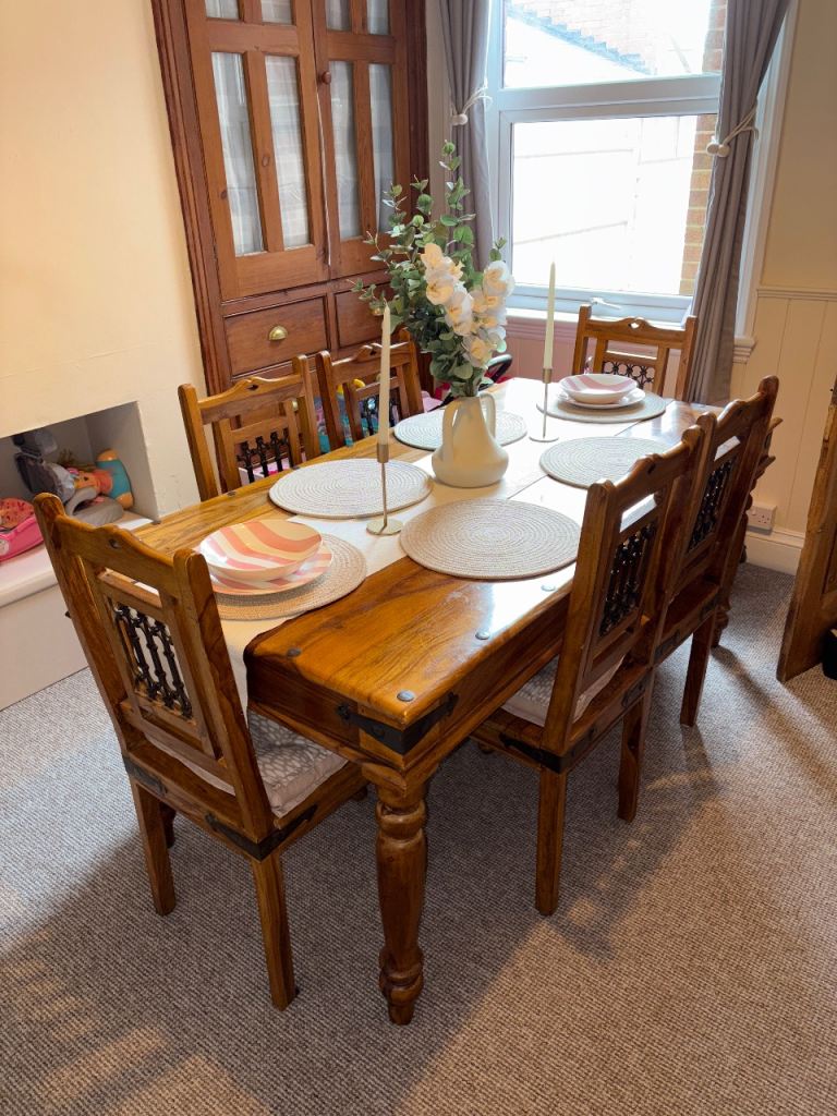 Solid Wood Dining Table with 6 Chairs – Good Condition