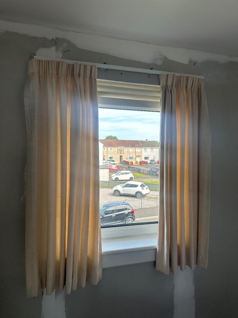 Pair of Beige Curtains with Hooks and rack  – Good Condition