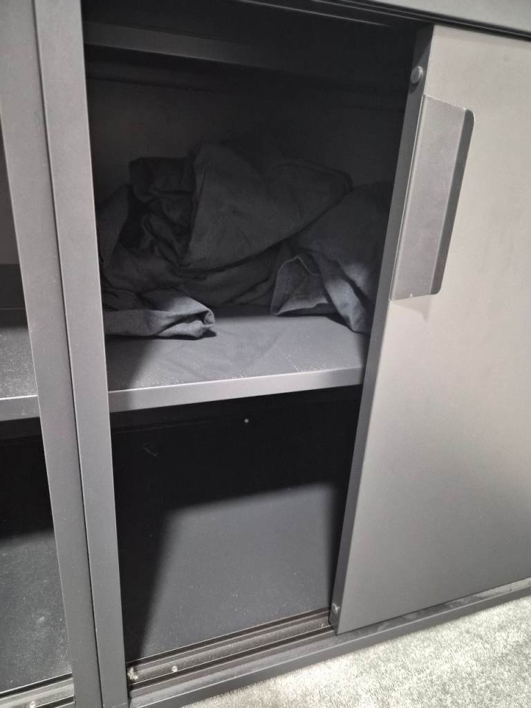 Black metal slide door cabinet 160x55cm