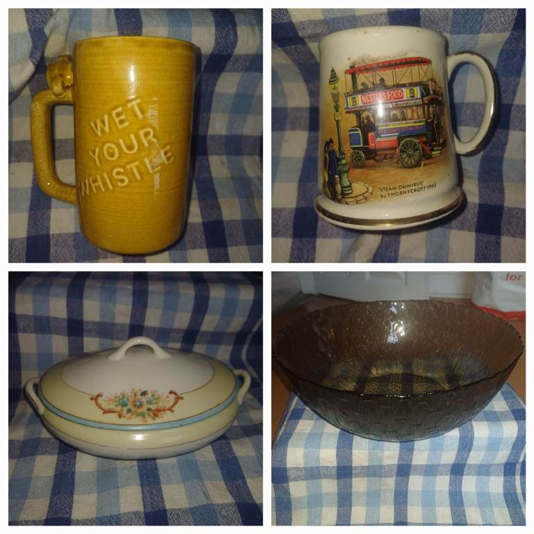 Vintage Mugs and modern galss bowl Good Condition