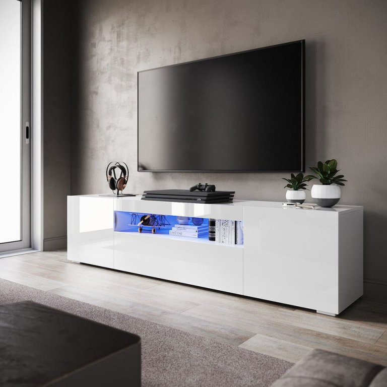 New White TV Unit Cabinet Doors Storage with RGB LED Cupboard 200cm RRP £210 Our Price £141