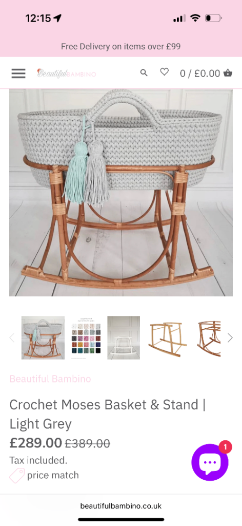 Light grey crochet crib with white wooden stand 