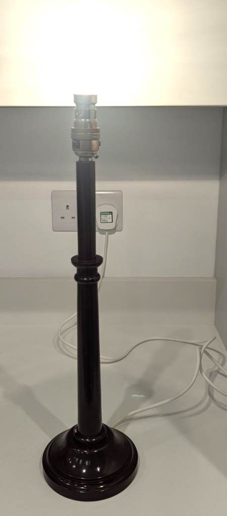 BROWN PAINTED WOODEN CANDLESTICK TABLE LAMP WITH ROUND BASE 40.5cm H 13cm W