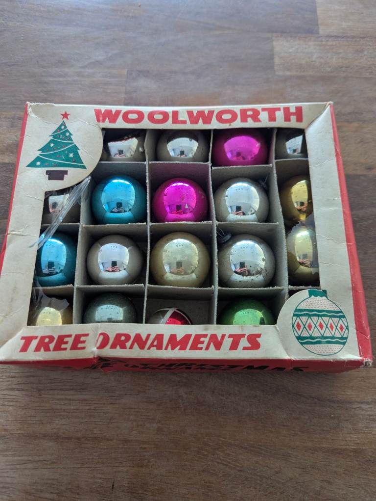Vintage Christmas decorations baubles from Woolworths in original box 1970s?