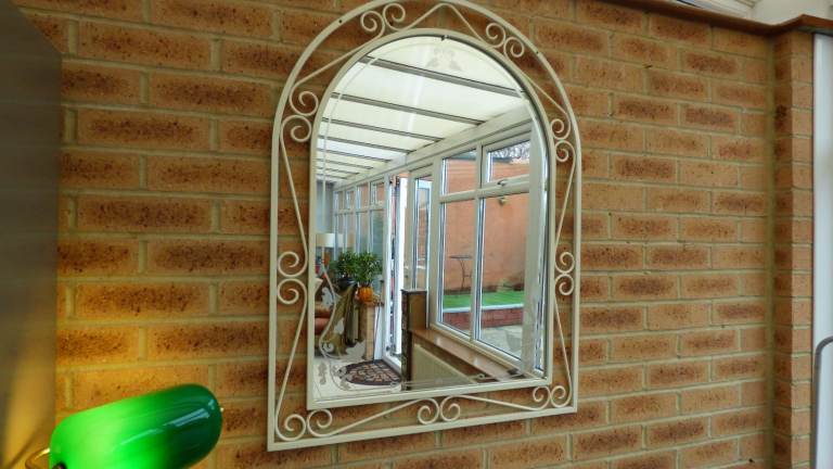 Large Vintage Retro Etched 1950s Arch Top Wrought Iron Scroll Wall Mirror 92 cm